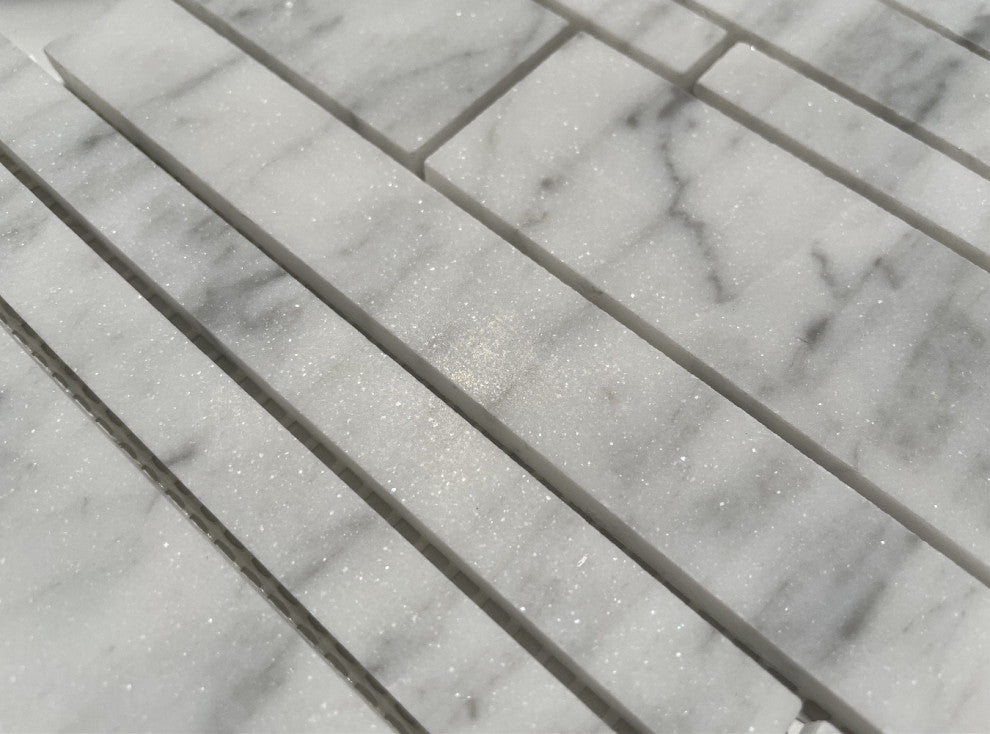 Carrara White Marble Random Strip Modern Brick Mosaic Tile Honed, 1 sheet