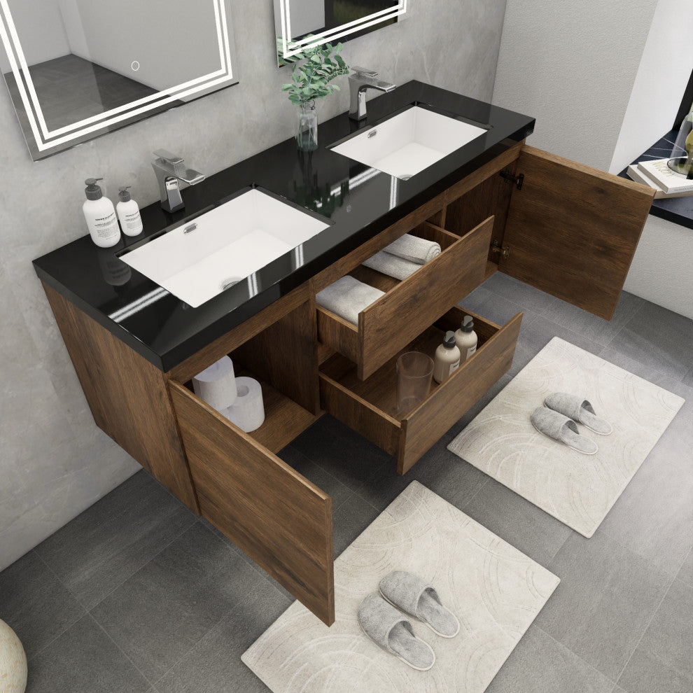 Belli 60" Double Sink Wall Mount Vanity Set, Rosewood, Matt Black Top