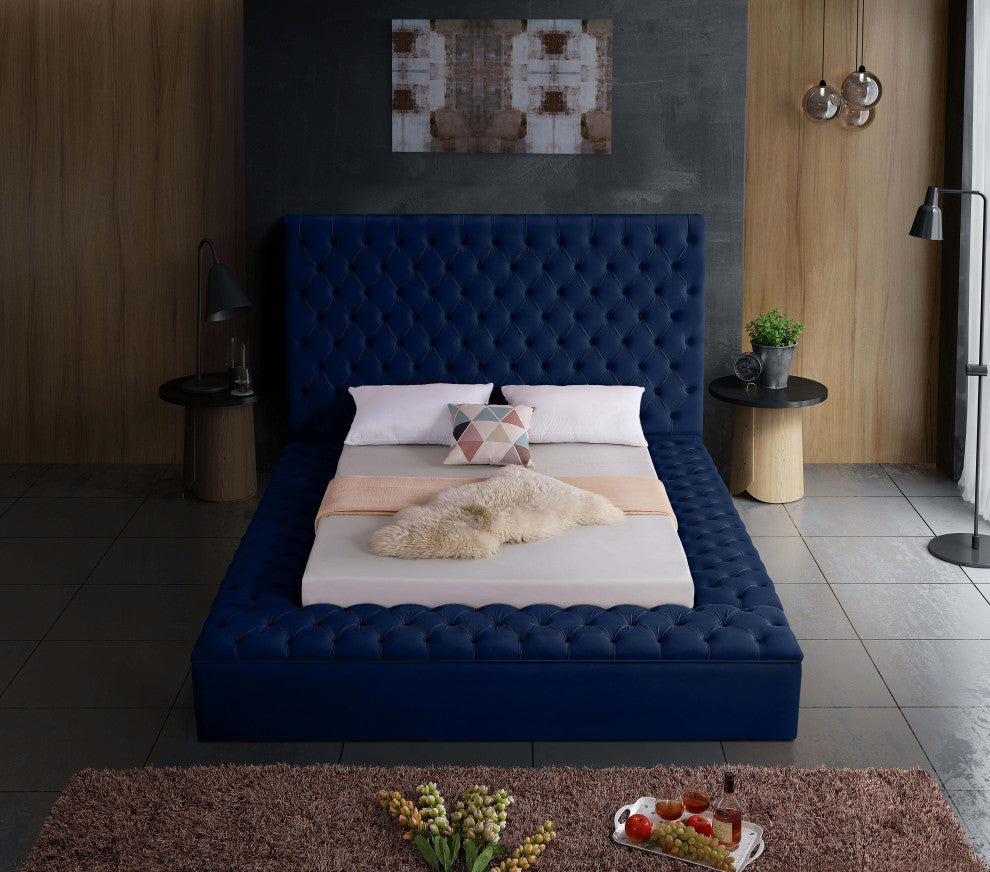 Bliss Velvet Upholstered  Bed, Navy, Full
