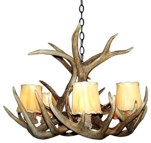 Whitetail Deer Single Tier Antler Chandelier Light, Large, Rawhide Shades
