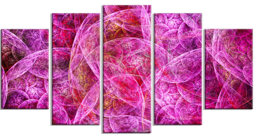 Pink Fractal Dramatic Clouds, Contemporary Canvas Wall Art, 60"x32", 5 Panels