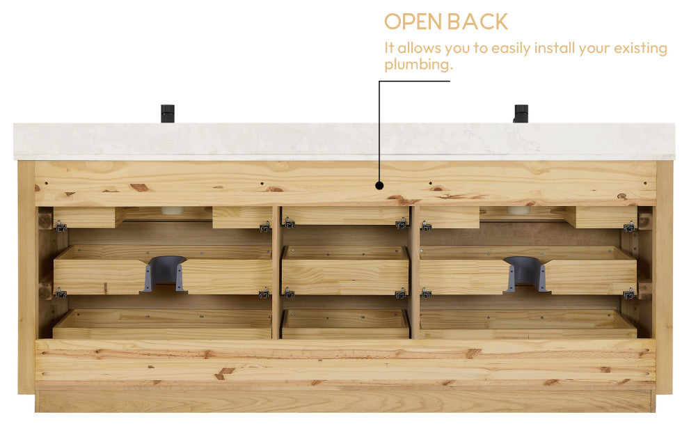 Porto Bath Vanity with White Quartz Stone Top, Natural Oak, 84 in., No Mirror