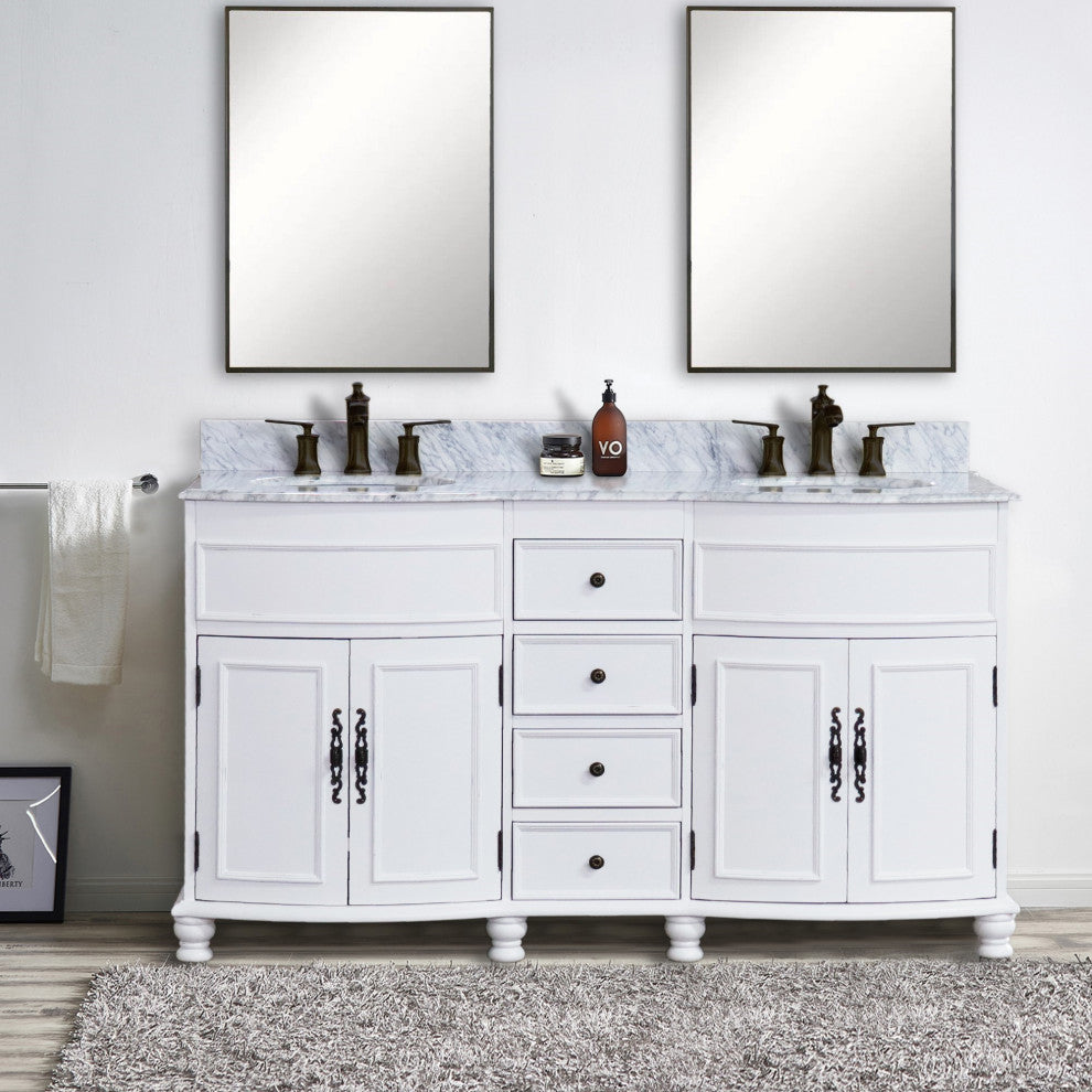 62" Double Sink Vanity Antique White Finish, White Marble Top