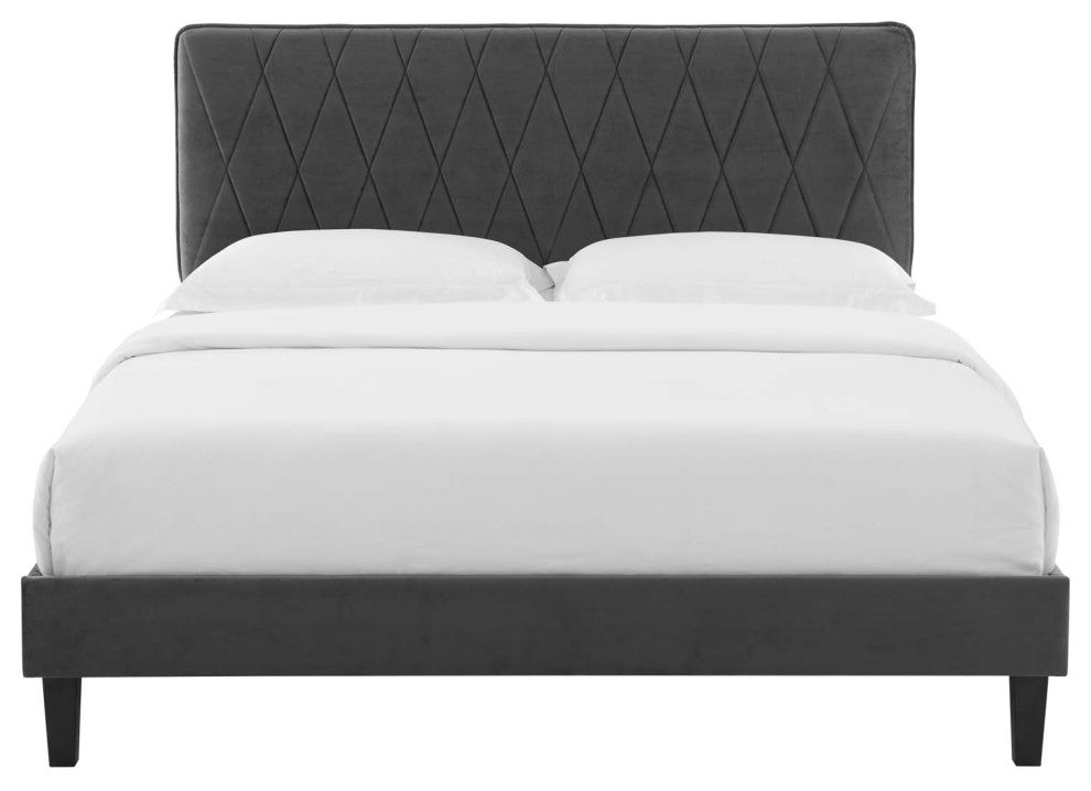 Platform Bed Frame, King Size, Velvet, Dark Gray, Modern Contemporary