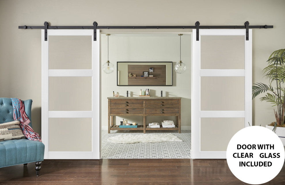 Slab Barn Door Panel Clear Glass 3 Lites 30 x 80, Lucia 2555 Matte White
