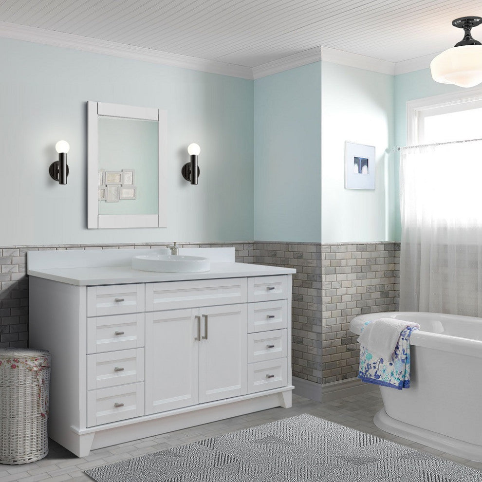61" Single Sink Vanity, White Finish And Engineered Stone Top And Round Sink