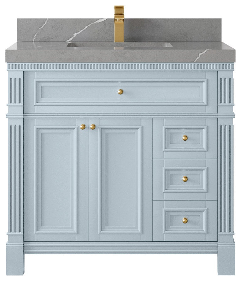 Paris 36" Center Sink Bathroom Vanity, Blue Heather 2" Piatra Gray