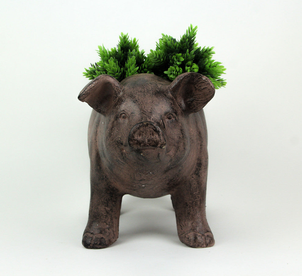 17 Inch Long Rustic Brown Finish Smiling Pig Planter