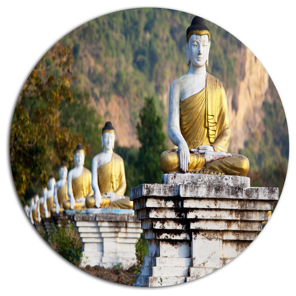 Beautiful Row Of Buddha Statues, Landscape Disc Metal Artwork, 23"