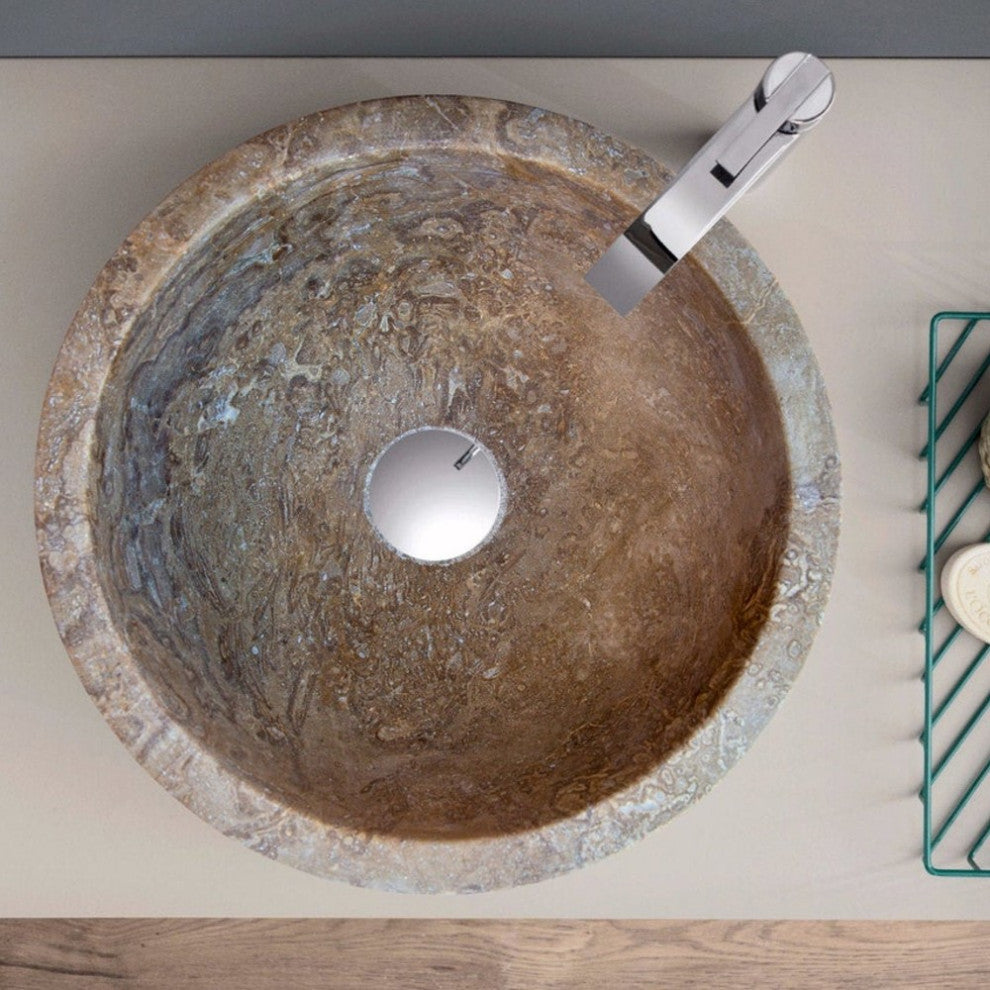 Noce Brown Travertine Natural Stone Round Vessel Sink (D)12.5" (H)6"