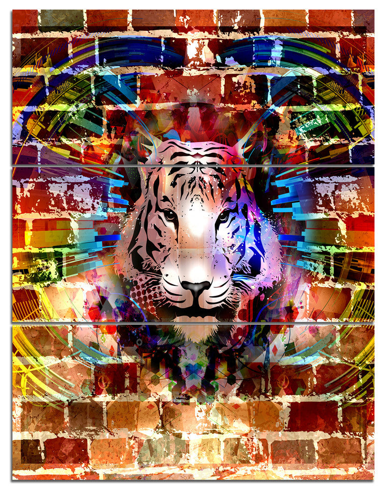 Tiger over Abstract Brick Design, Abstract Wall Art Canvas, 28x36, 3 Panels