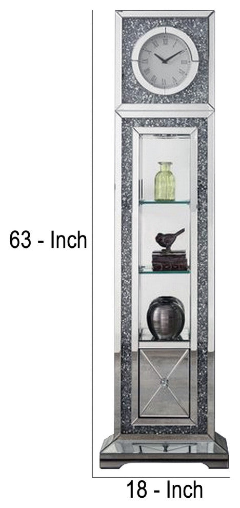 Benzara BM269095 Mirrored Grandfather Clock, 1 Drawer and Faux Diamonds, Silver