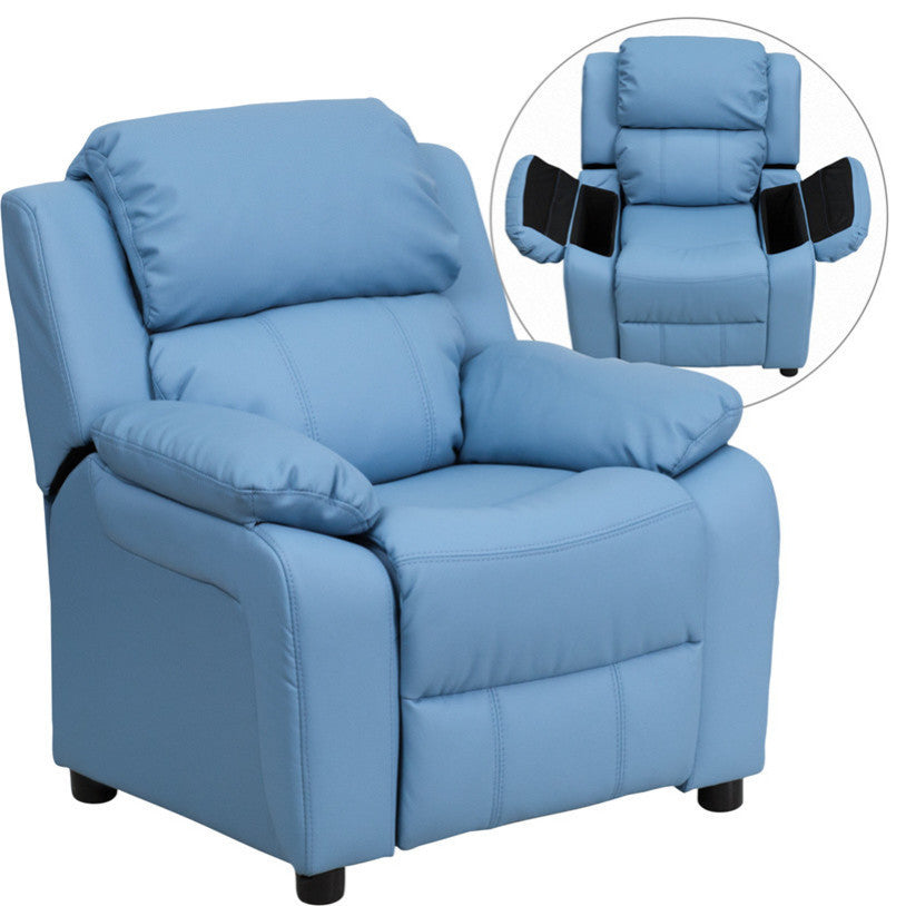 Deluxe Padded Contemporary Light Blue Vinyl Kids Recliner With Storage Arms