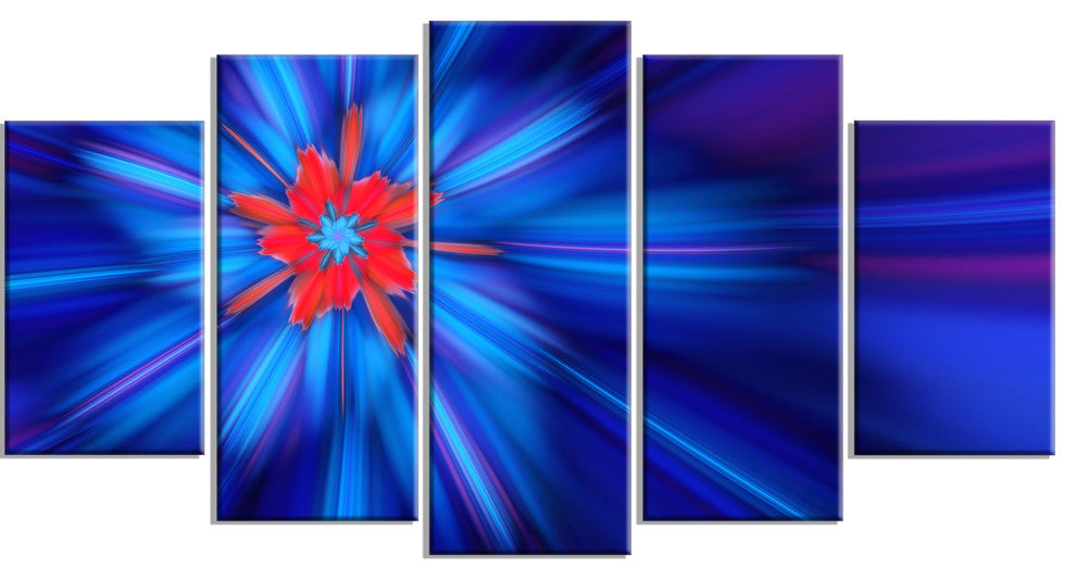 Rotating Fractal Blue Fireworks, Floral Canvas Art Print, 60"x32", 5 Panels