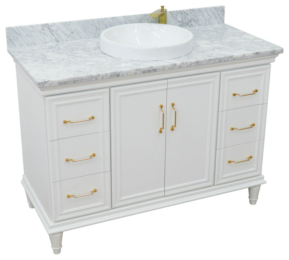 49" Single Sink Vanity, White Finish With White Carrara Marble and Round Sink