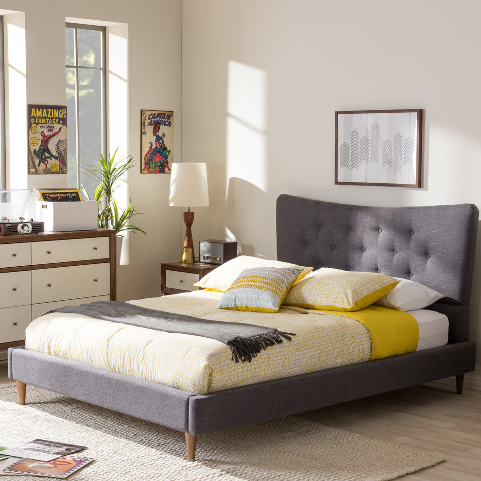 Hannah Mid-Century Dark Gray Fabric Queen Size Platform Bed