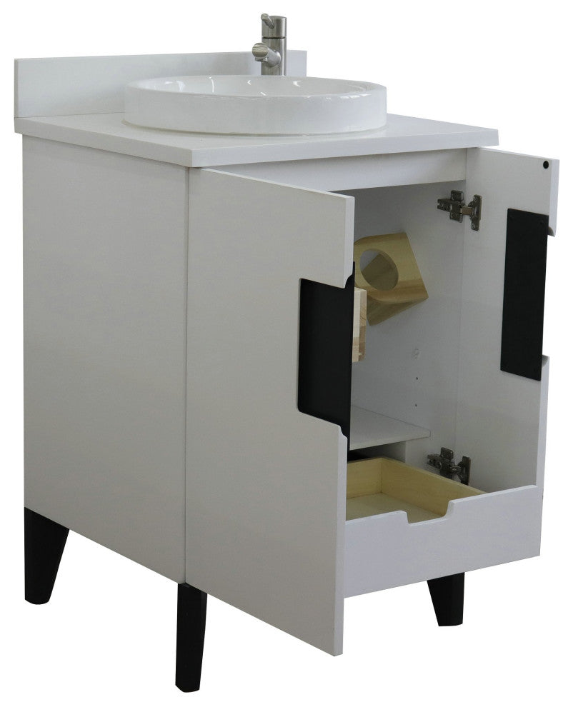 25" Single Sink Vanity, White Finish With Engineered Stone Top And Round Sink