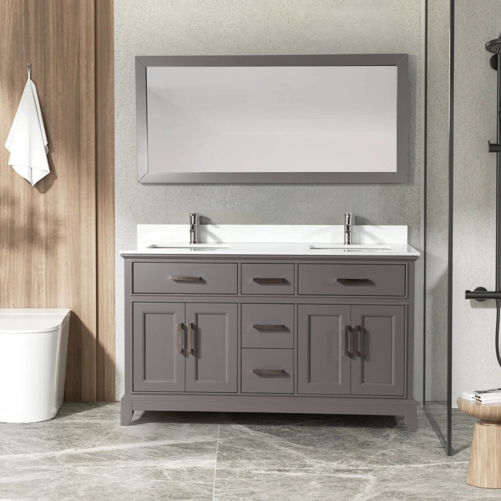 Vanity Art Vanity Set With White Stone Top, 60", Gray, Standard Mirror