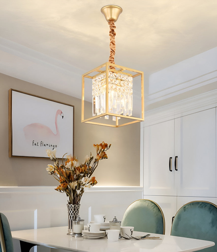 Inverno e Monteleone | Square Crystal Hanging LED Chandelier for Dining Room, Gold, Warm Light, Dimmable
