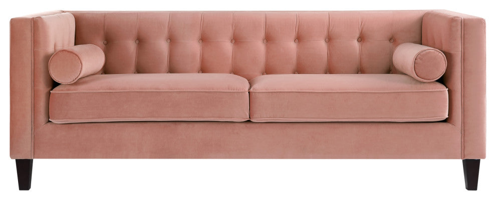 Branwen Velvet Button Tufted Sofa, Square Arms Tapered Leg, Blush