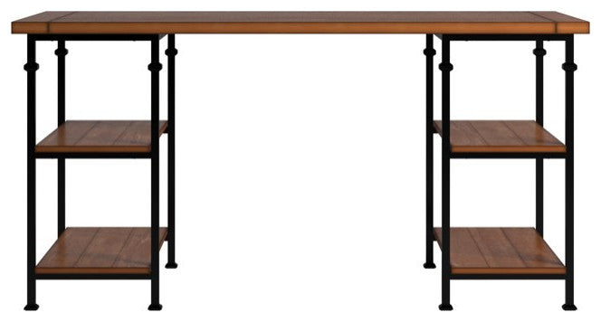 Industrial Desk, Black Sanded Metal Frame With Poplar Wood Top & Shelves, Oak