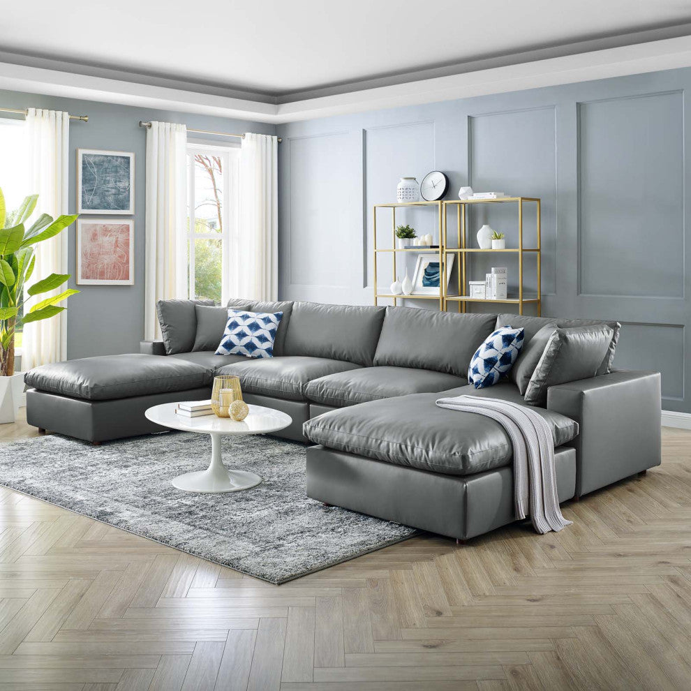Commix Down Filled Overstuffed Vegan Leather 6-Piece Sectional Sofa - Gray