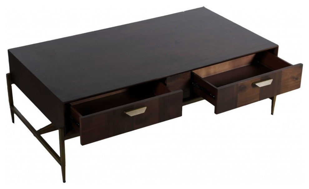 Modern Dark Mango Acacia and Brass Coffee Table