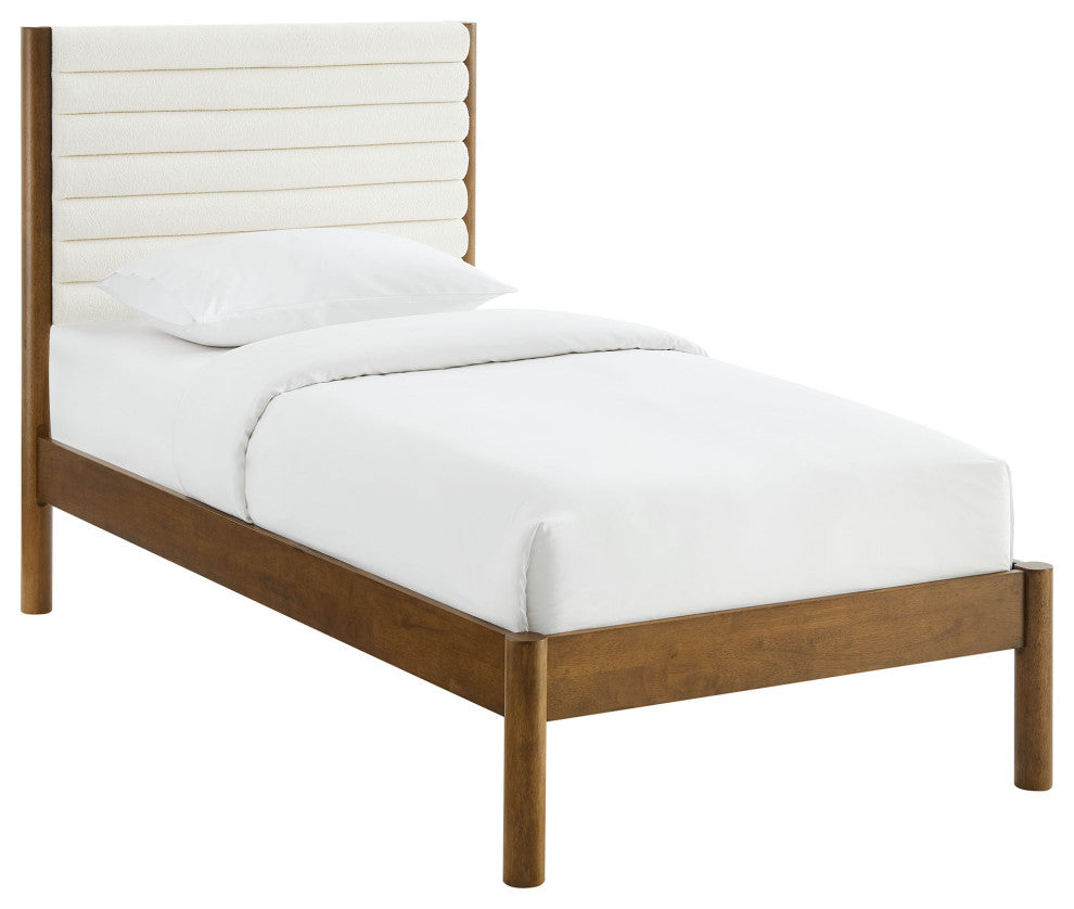 Olea Channel Tufted Boucle Solid Wood Twin Platform Bed, Feather Walnut
