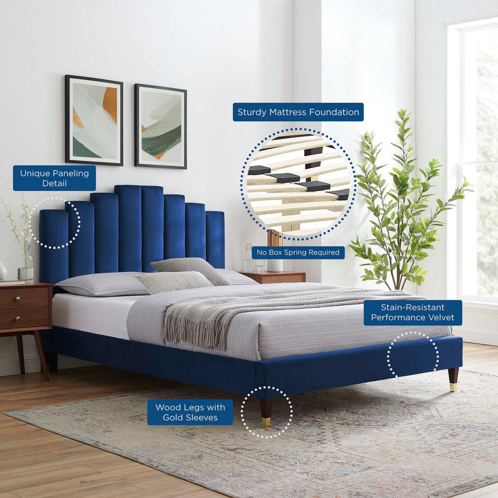 Platform Bed Frame, Queen Size, Velvet, Blue Navy, Modern Contemporary, Bedroom