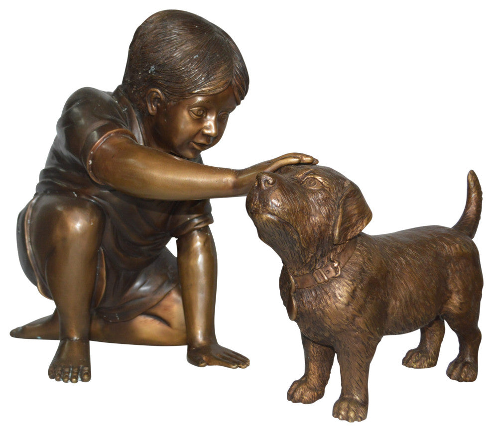 Boy and Dog Bronze Statue - Size: 30"L x 18"W x 18"H.