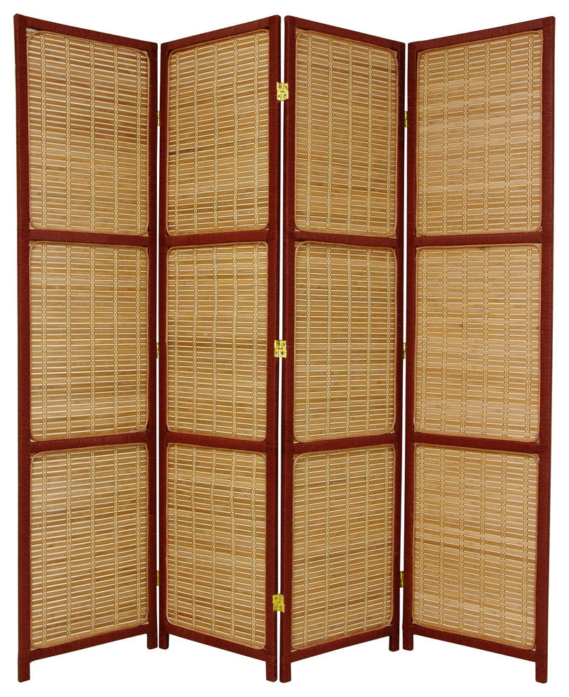 6'' Tall Woven Accent Room Divider, 4 Panel, Red Brown