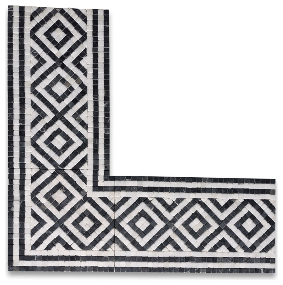 Guitam Black White 7.1x11.7 Marble Mosaic Border Listello Tile Tumbled, 1 piece