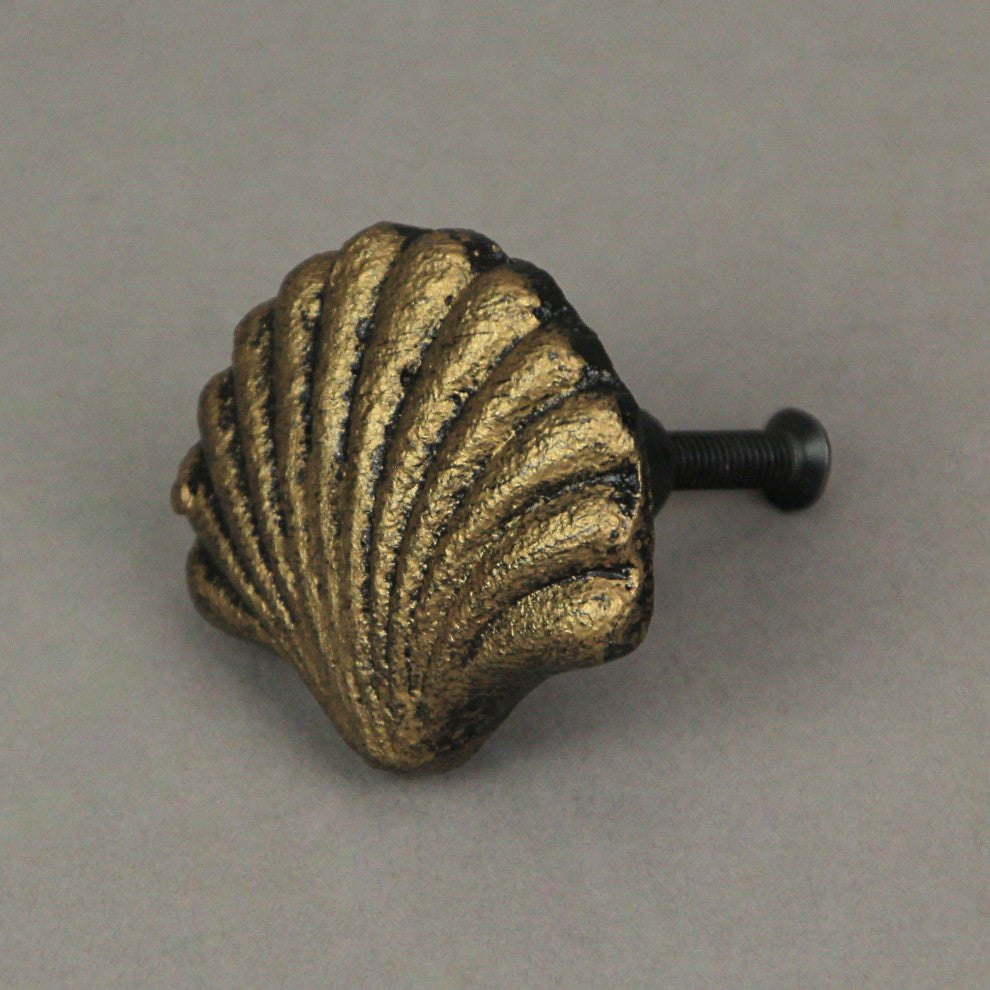 Set of 6 Gold Cast Iron Scallop Sea Shell Drawer Pulls Nautical Cabinet Knobs