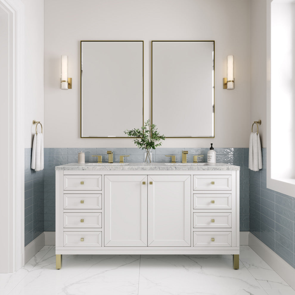 Chicago 60" Double Vanity, Glossy White, Eternal Jasmine Pearl Quartz