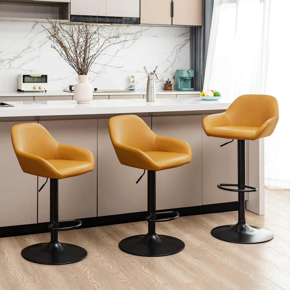 Set of 3 Adjustable Swivel Bar Stool, Mustard Yellow
