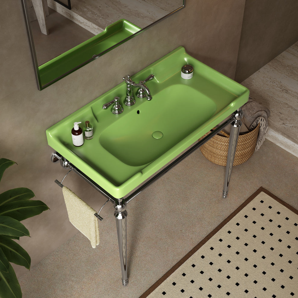 Wall-Mounted Green Ceramic Vanity Basin with Stainless Steel Support Legs, Chrome