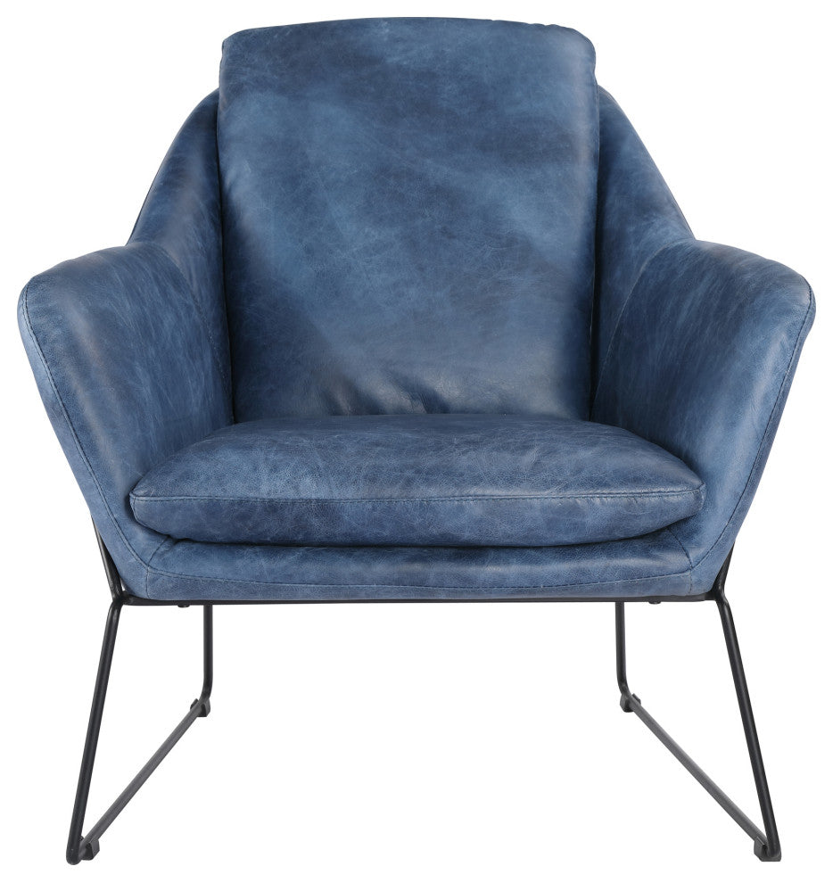 Modern Club Chair Blue Top Grain Leather Armchair for Living Room