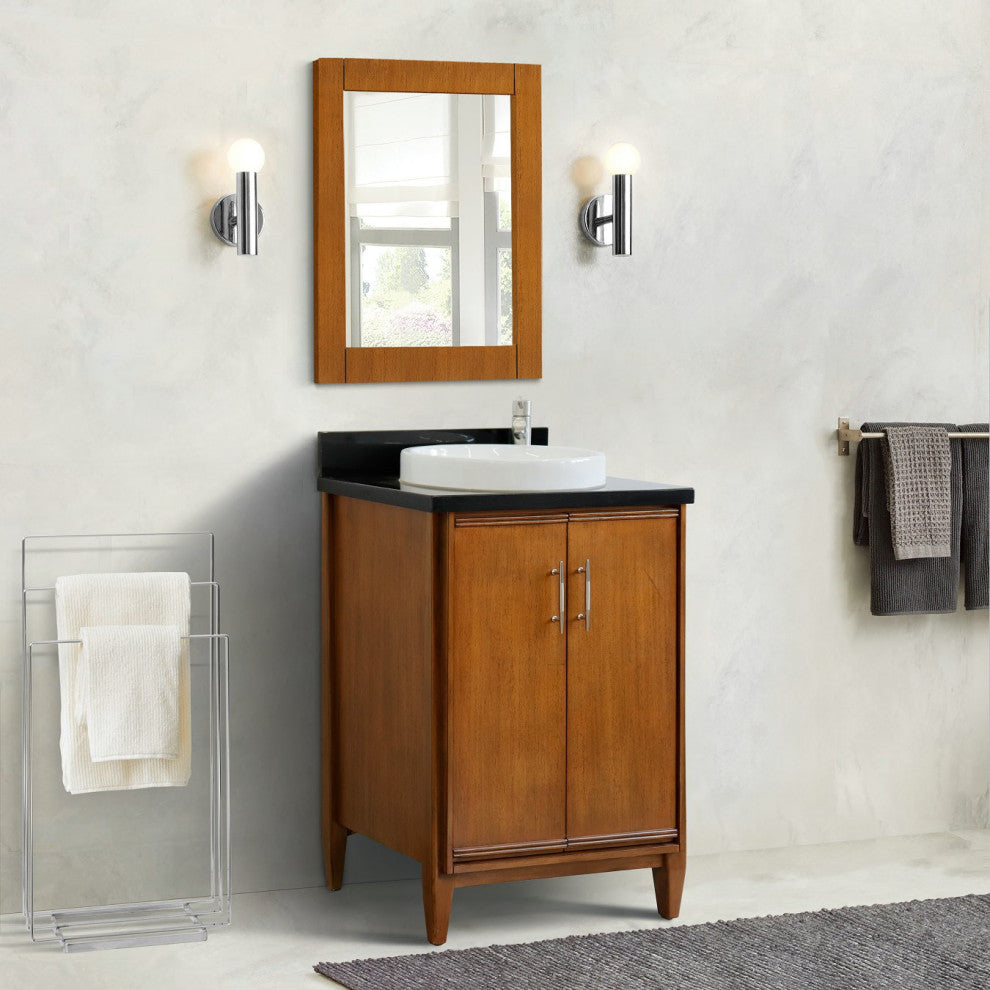 25" Single Sink Vanity, Walnut Finish With Black Galaxy Granite and Round Sink