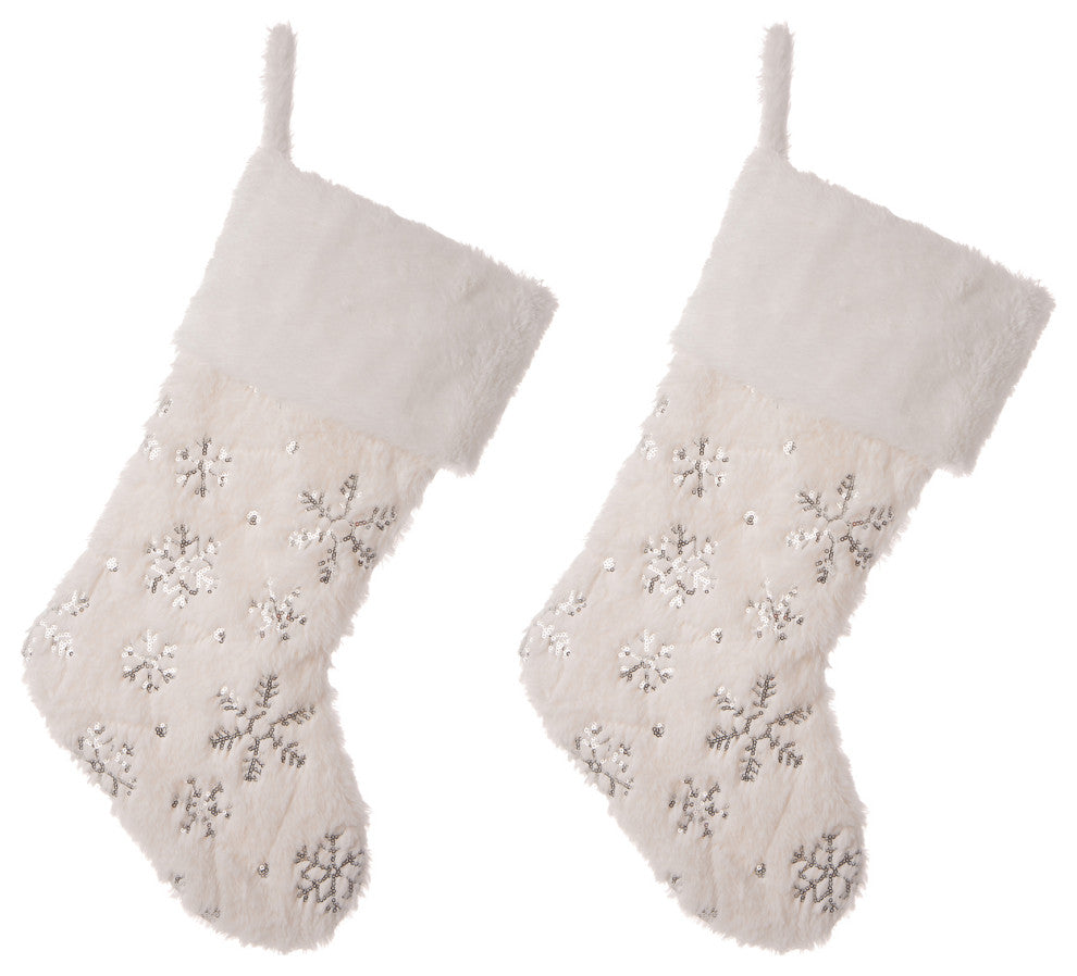 2-Pack 21"L White Plush With Snowflake Christmas Stocking