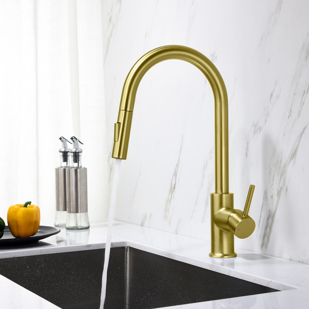 Circular Single Handle Pull Down Kitchen Faucet, Brushed Gold