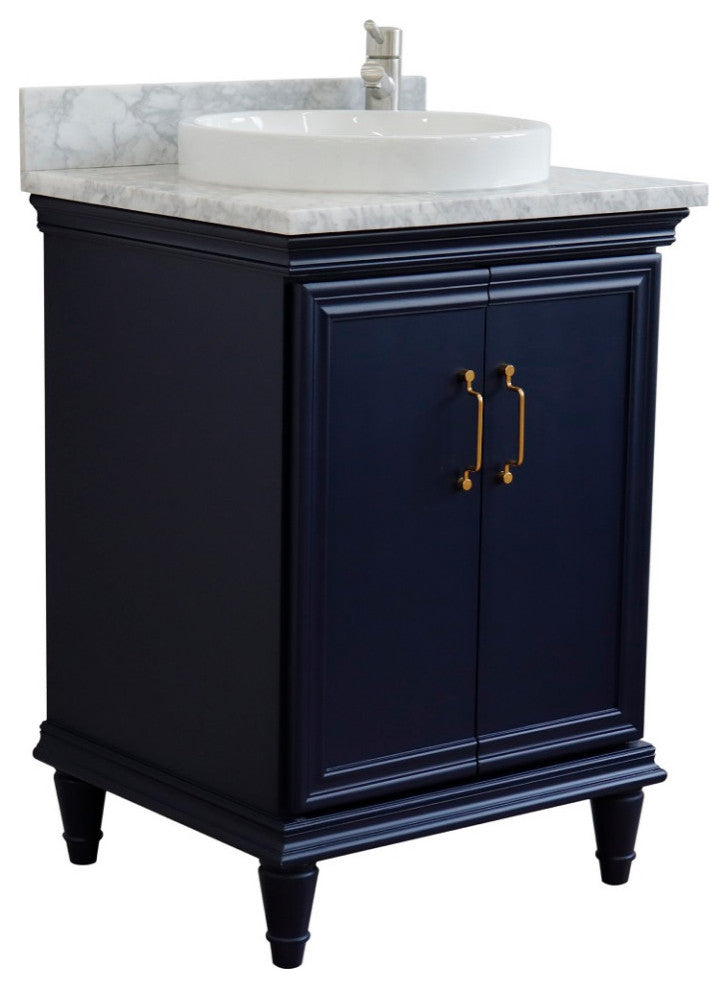 25" Single Vanity, Blue Finish With White Carrara And Round Sink