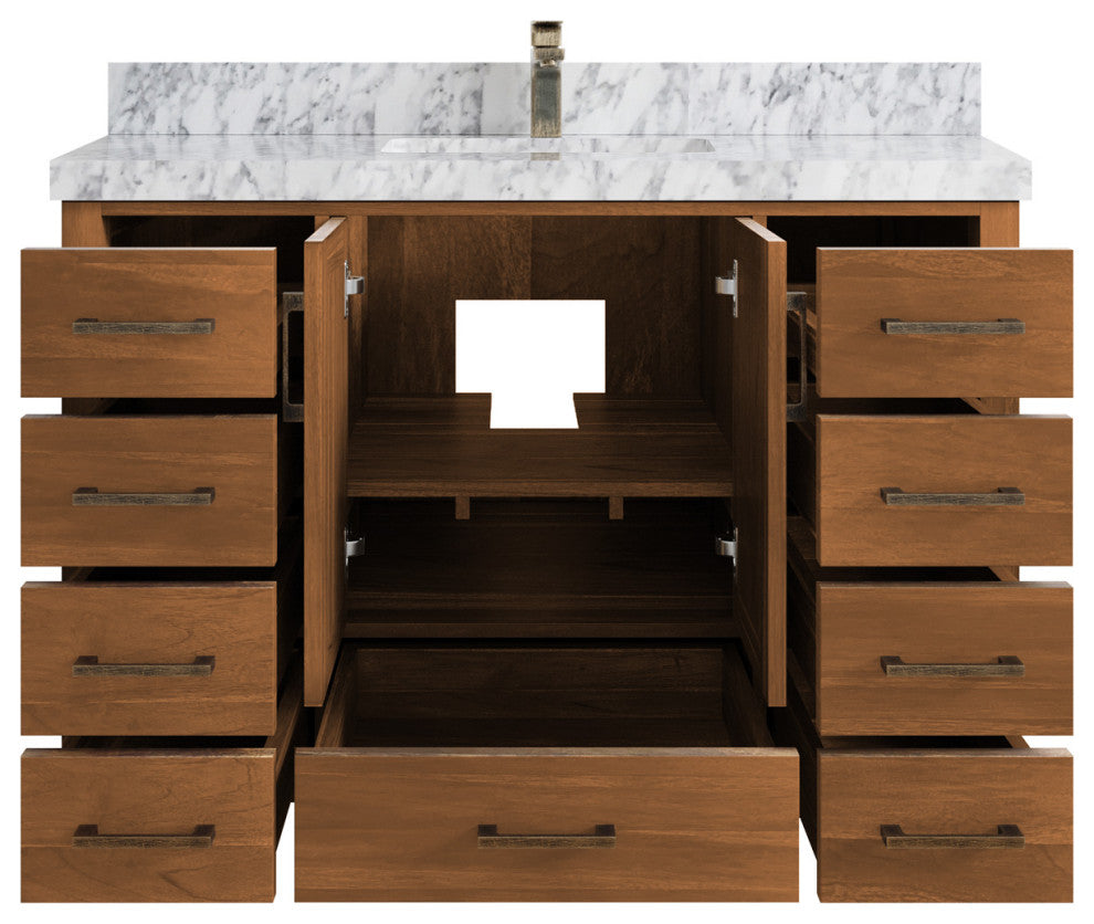 Malibu Teak 48 Single Sink Bath Vanity in Golden Teak 2" Carrara Marble