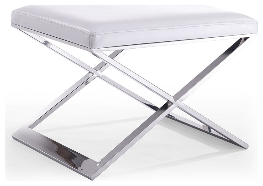 HomeRoots Ottoman White Faux Leather Stainless Steel Base