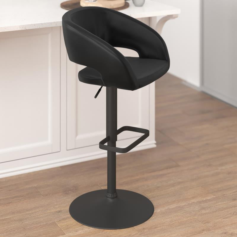 Erik Contemporary Vinyl Adjustable Height Barstool with Rounded Mid-Back, Black