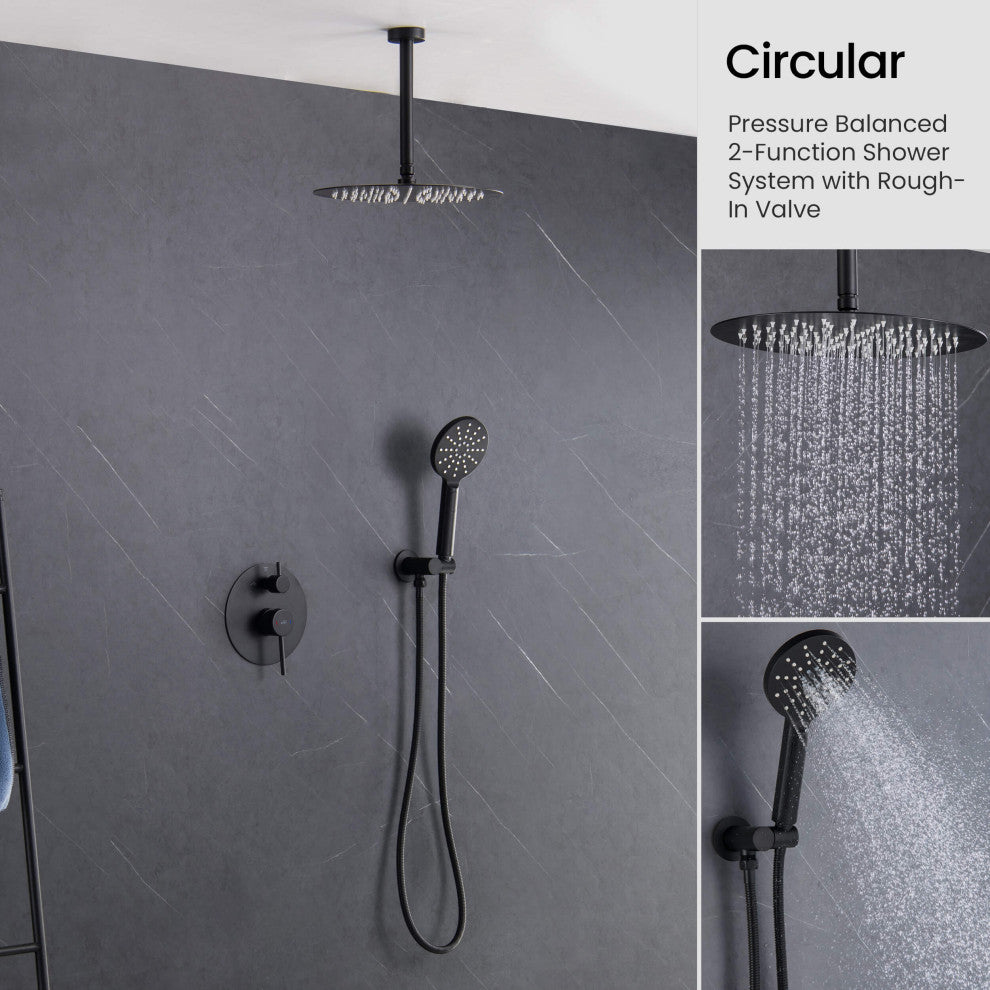 Ceiling Mounted 2-Function Shower System, Rough, Valve, Matte Black