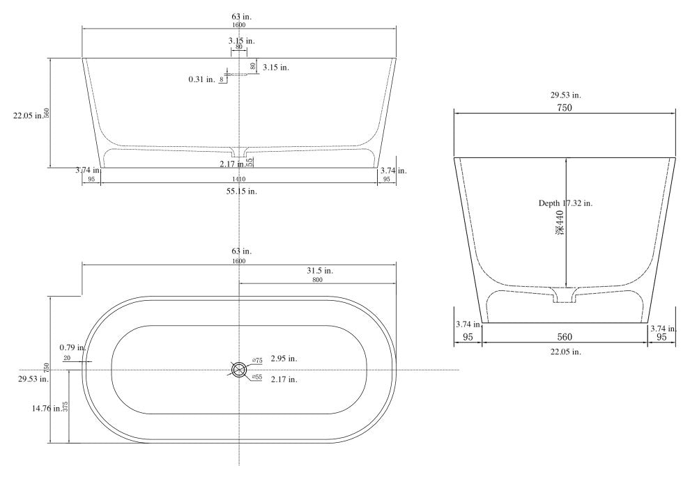 63" Solid Surface Freestanding Flat Bottom Non-Whirlpool Bathtub, White