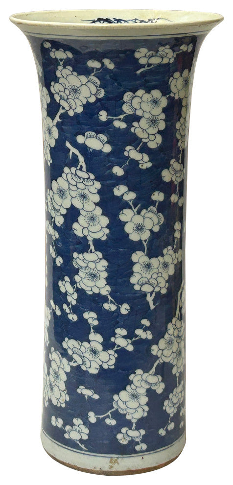 Vintage Chinese Blue White Blossom Wide Mouth Column Porcelain Vase Hws4329