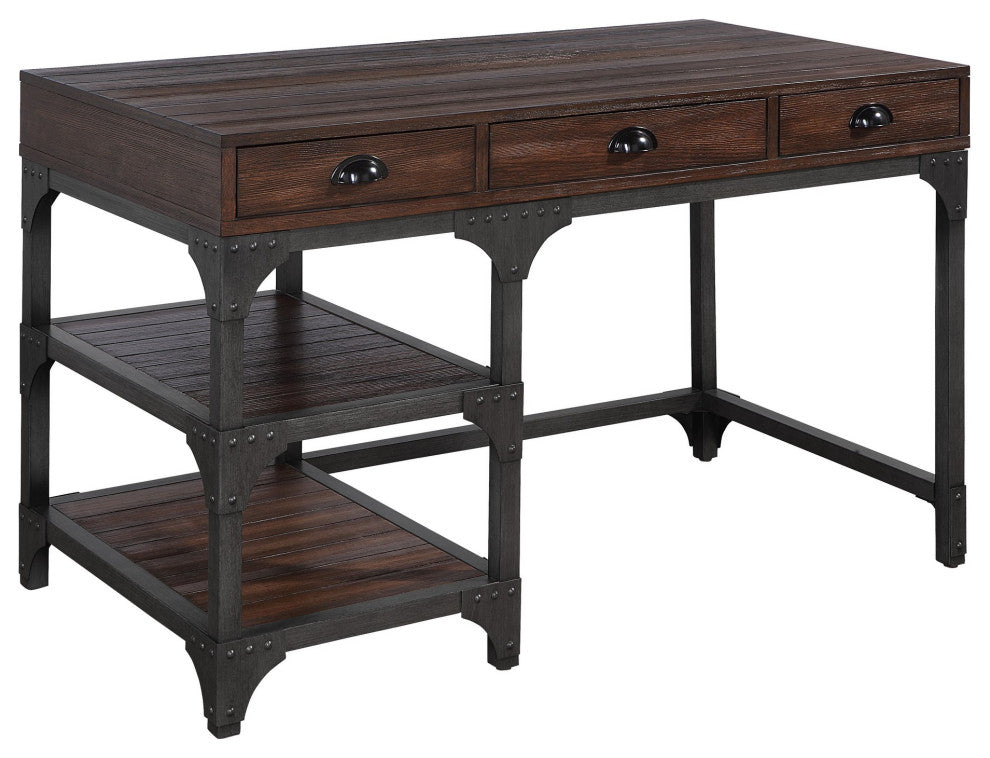 Benzara BM251321 Writing Desk With 3 Drawers and Plank Details, Brown