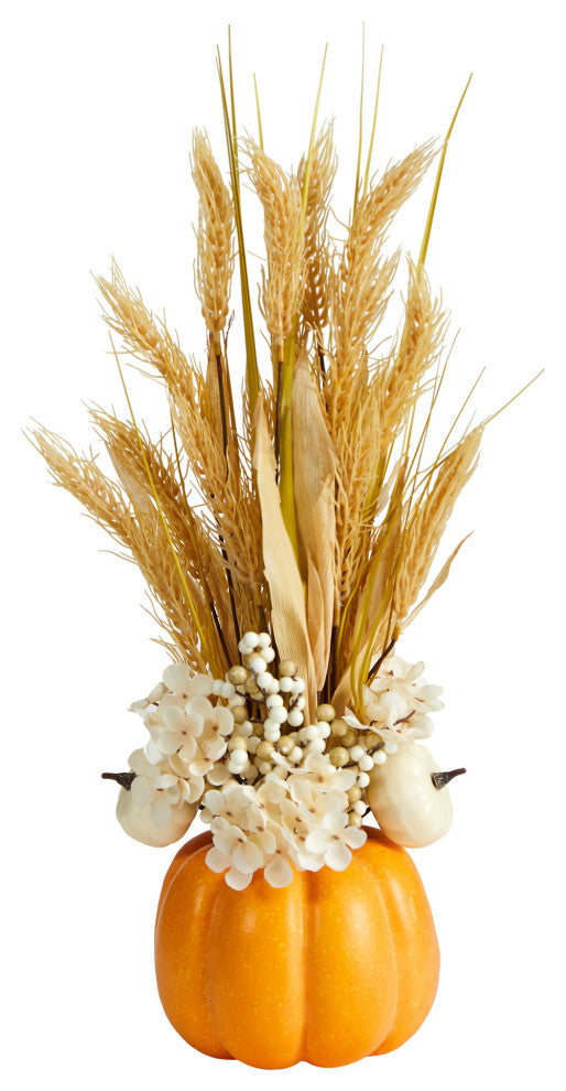 21" Autumn Dried Wheat & Pumpkin Faux Fall Arrangement, Decorative Pumpkin Vase