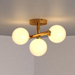 Graham 13"W Gold Brass Semi Flush Ceiling Light Fixture White Frosted Globes